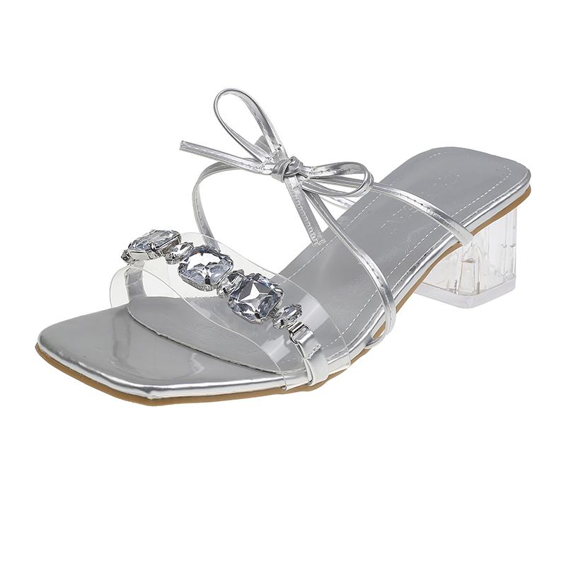 

Fashion Summer new chunky sandals women s fashion square head rhinester transparent ribbon butterfly knot non-slip high heels 42 серебряный