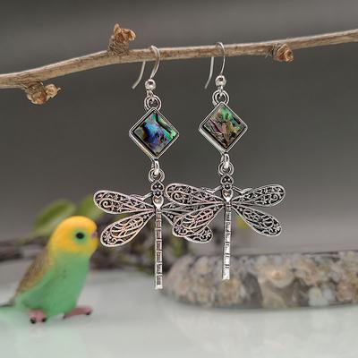 Boho Creative Wings Dragonfly Drop Earrings For Women Vintage Silver Color Jewelry Colorful Abalone Shell Stone Wedding Earrings