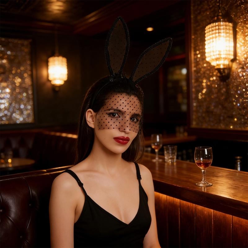 Stylish Rabbit Ears Lace Hairband Cute And Hair Accessory Headwear With Round Dots And Delicate Sheer Trim