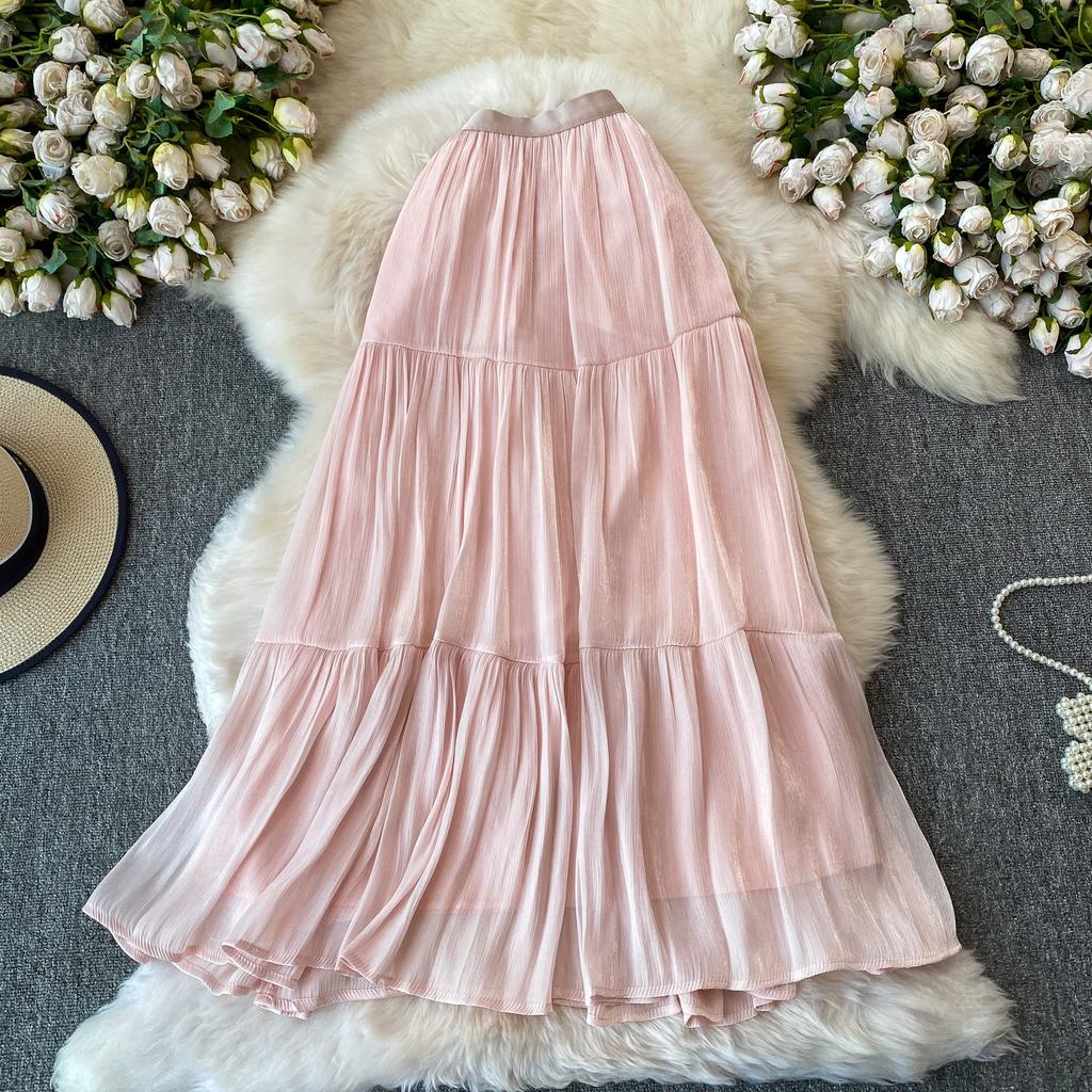 Sommer Herbst Neu Einfarbig Rüschen Patchwork Chiffon Fließender Rock für Damen Hoher Bund Vielseitiger Midi Rock für Damen