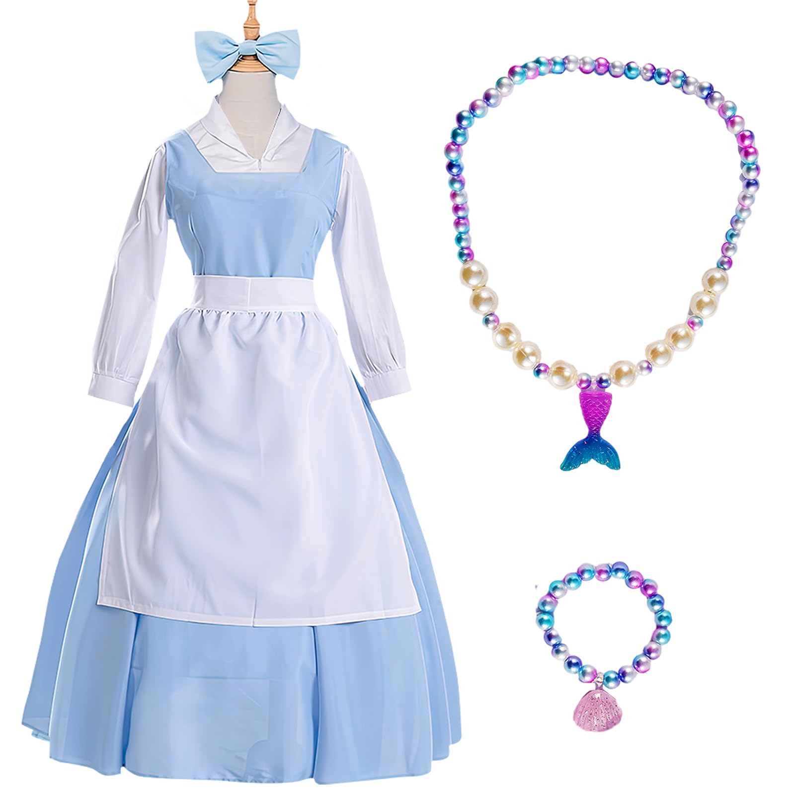 

[HTPARY] Cosplay Costume Belle Costume Beauty and the Beast La Belle Cosplay Halloween Maid Costume Necklace, Tiara, Skirt, Apron, 4-piece Set (M)