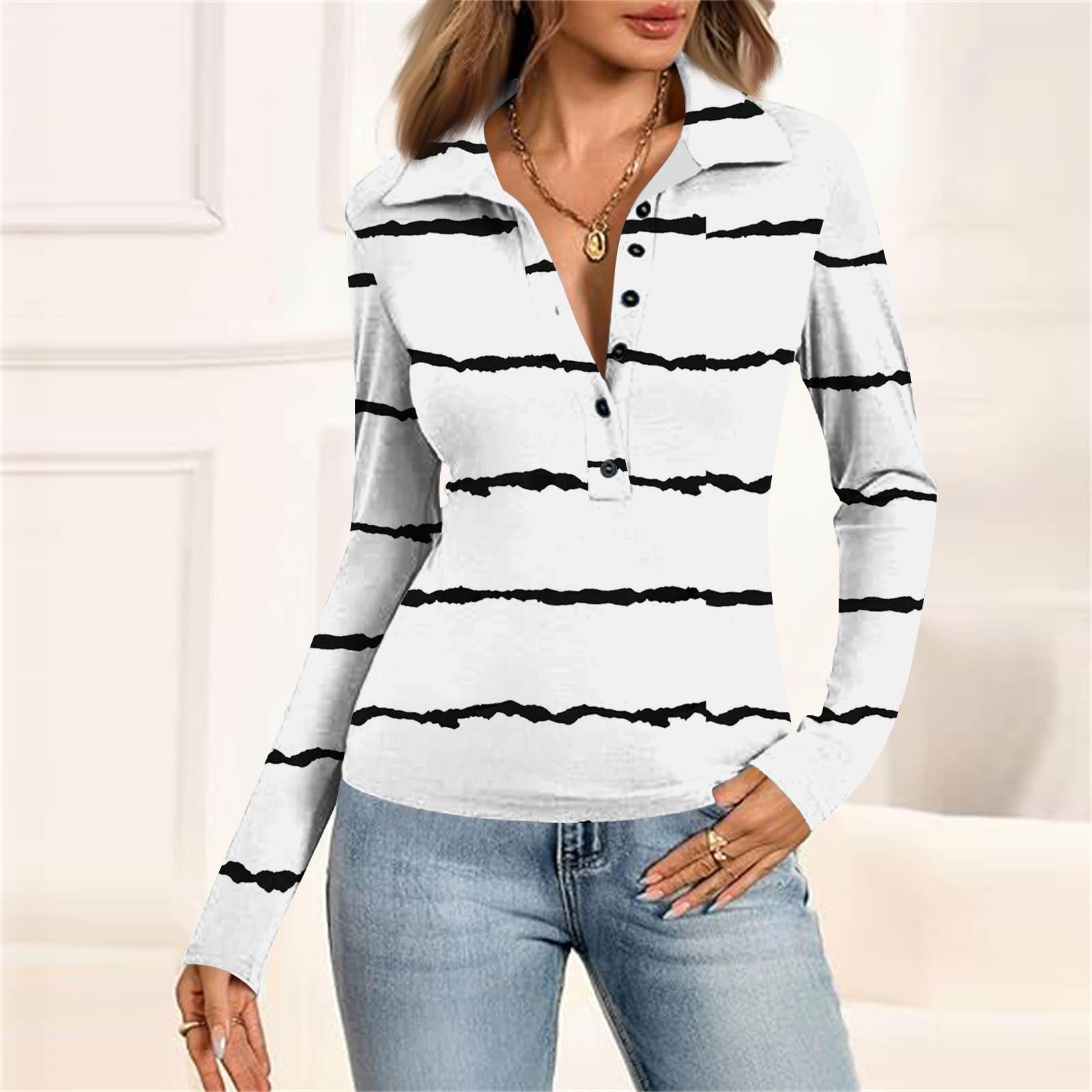 

Женская мода Повседневный принт V-образный вырез Длинный рукав Застегивающаяся на пуговицы блузка XL белый