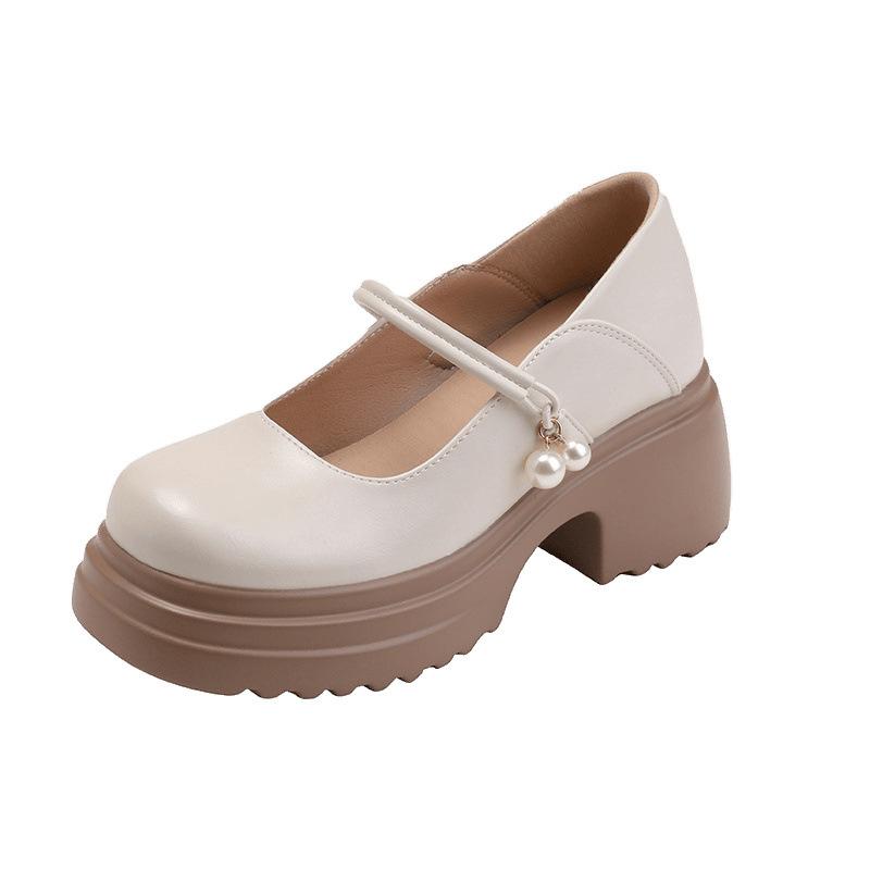 Soft-soled Mary Jane shoes for women's spring and summer new inner height increase apricot pearl round head platform single shoes for women