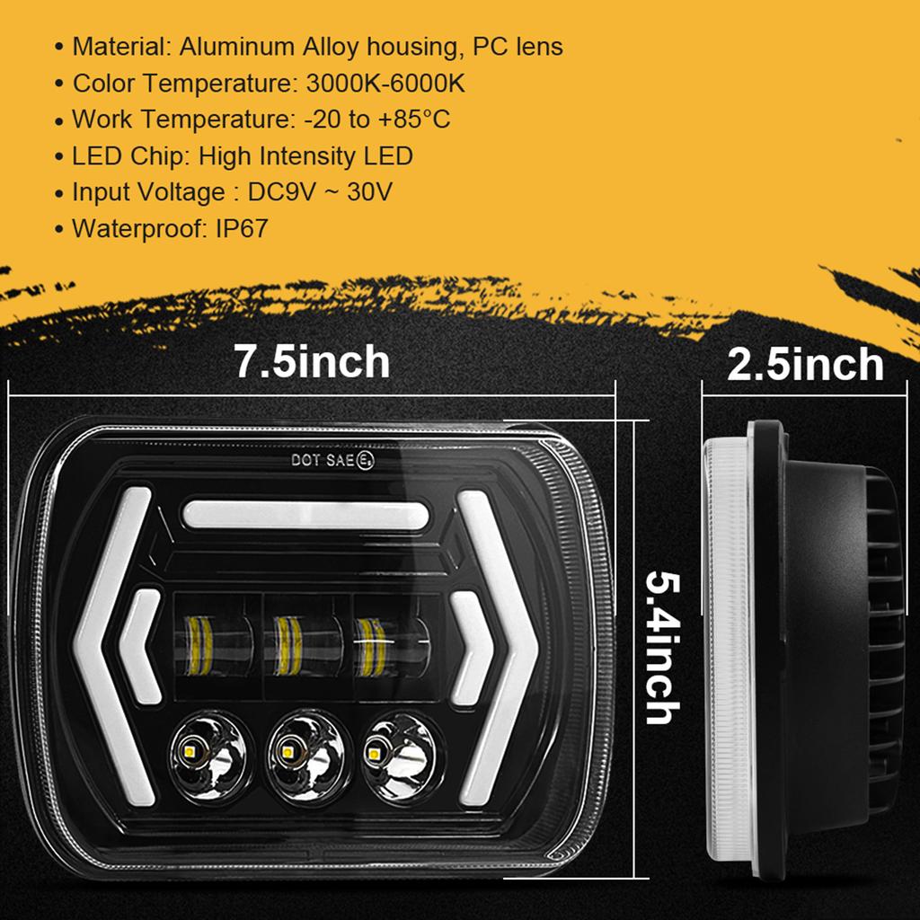 2 Pack 7inch Car LED Headlights 5x7 7x6 Inch Headlamp with White High/Low Beam DRL Amber Turn Signal