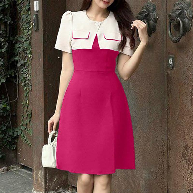 

ZANZEA Женское летнее повседневное платье с круглым вырезом и короткими рукавами в стиле пэчворк 5XL темно-розовый