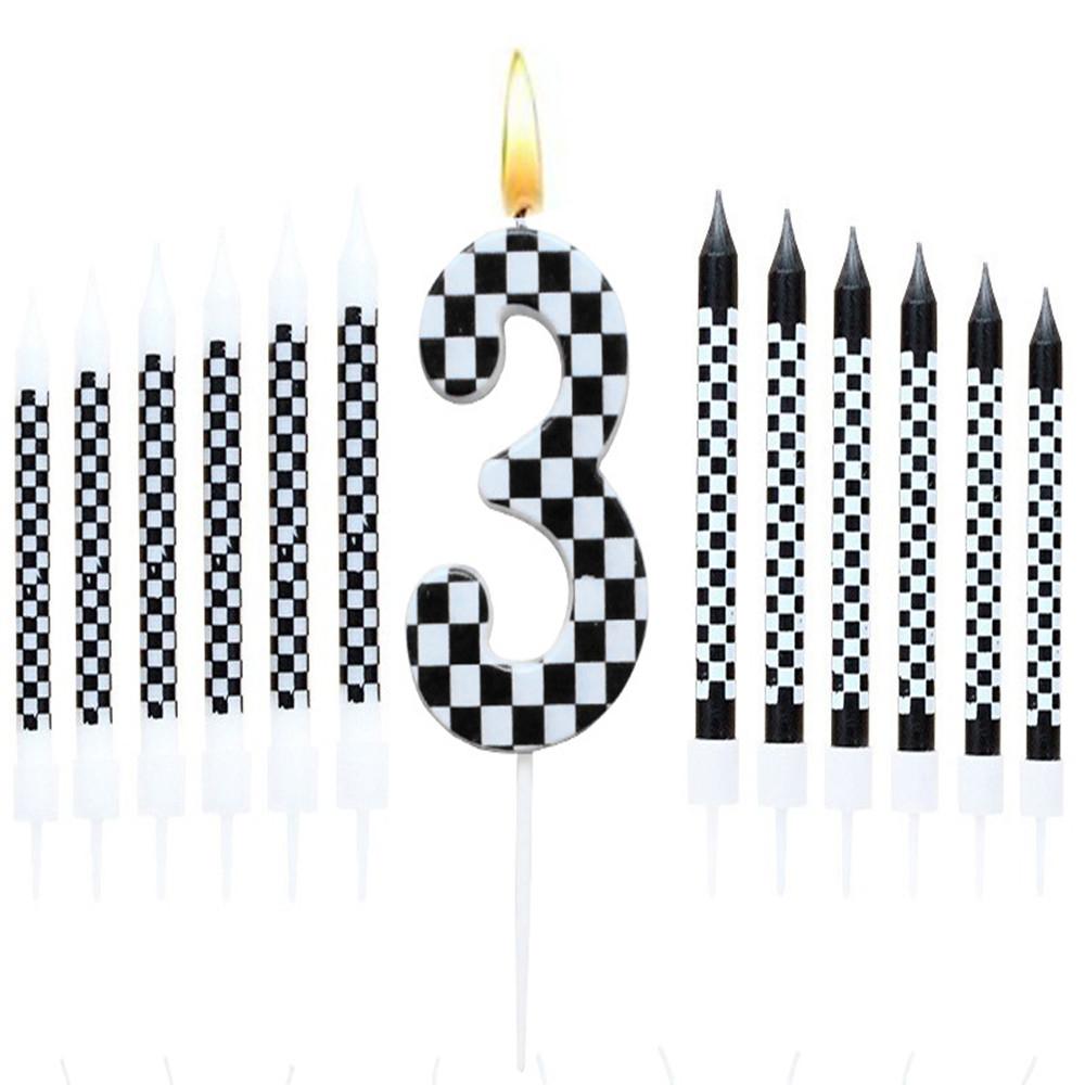 1/6/12/13pc Black and White Birthday Checkered Candles and Cake Topper Racing Cars Candles Sparkler Candles for Racing Car Party