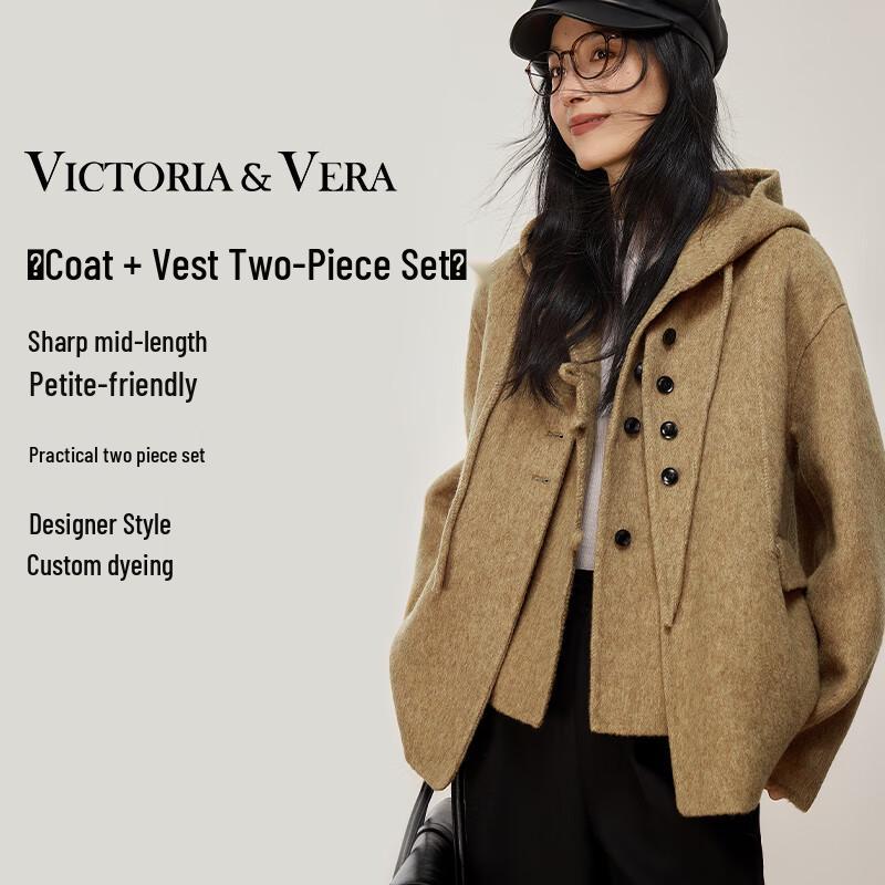 VICTORIA&VERA Women s Double-Sided Wool Hooded Two-Piece Set M