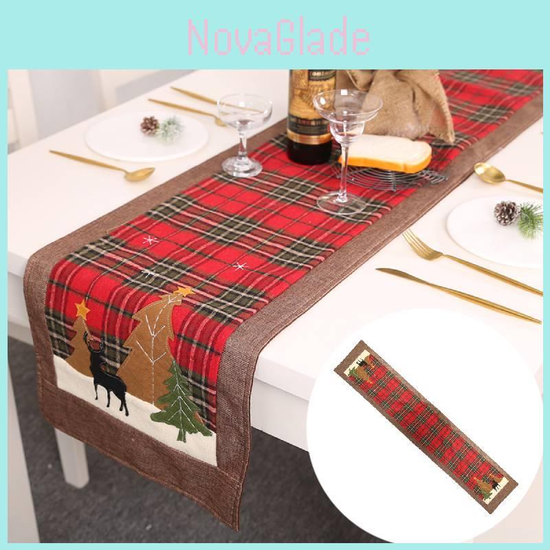 Charming Christmas Table Flag Stylish Plaid Fabric Embroidered Table Decor For Holiday Gatherings