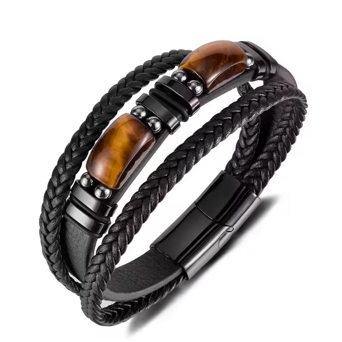 Mehrschichtiges Herrenarmband aus Tigerauge-Stein und Leder mit Magnetschnalle schwarz