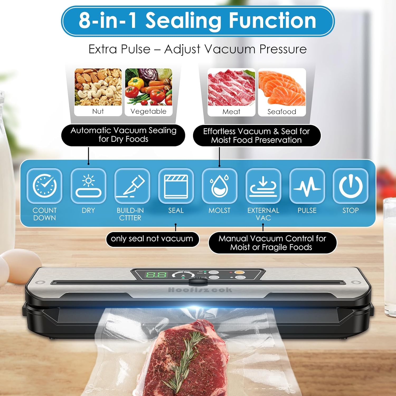 Вакуумный упаковщик для продуктов, Автоматический 8-в-1, Вакуумный запайщик, Сохраняющий свежесть, для жидких/сухих/влажных продуктов, Ручной/Внешний, Суперсильное всасывание, Импульсный режим