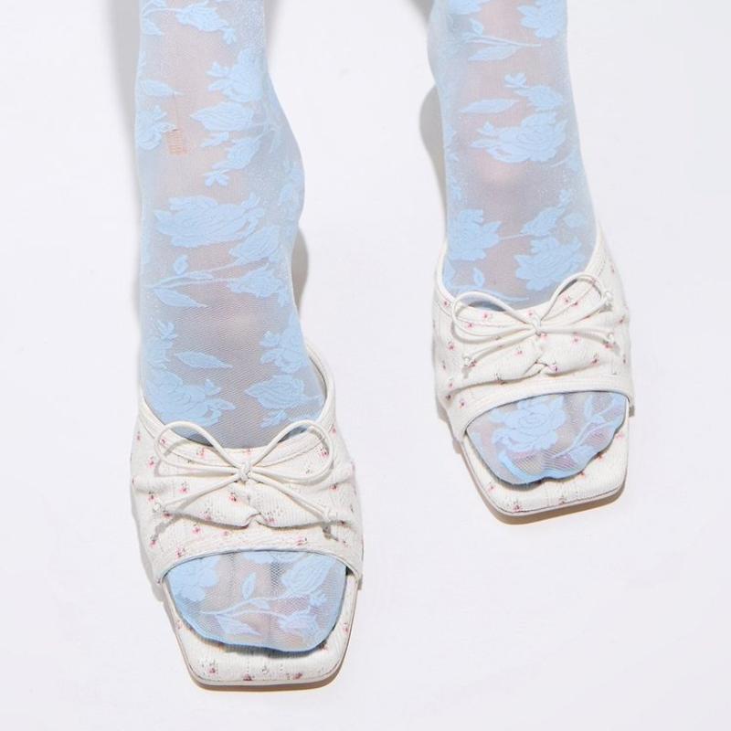 Letní Květinové Vysoké Podpatky Dámské Pantofle Módní Čtvercová Špička Nazouvací Boty Dámské Venkovní Párty Šaty Kluzáky