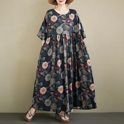 Kurzarm Plus Size Baumwolle Vintage Blumenmuster Neu in Kleidern für Damen lässig locker langes Sommerkleid
