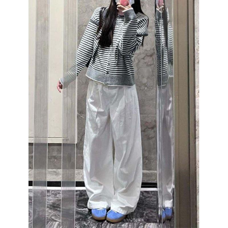 145 Small Hong Kong Style White High-Waist Straight-leg Mop Wide Leg Pants Female Pear-Shaped Figure Flab Hiding Draped Pants