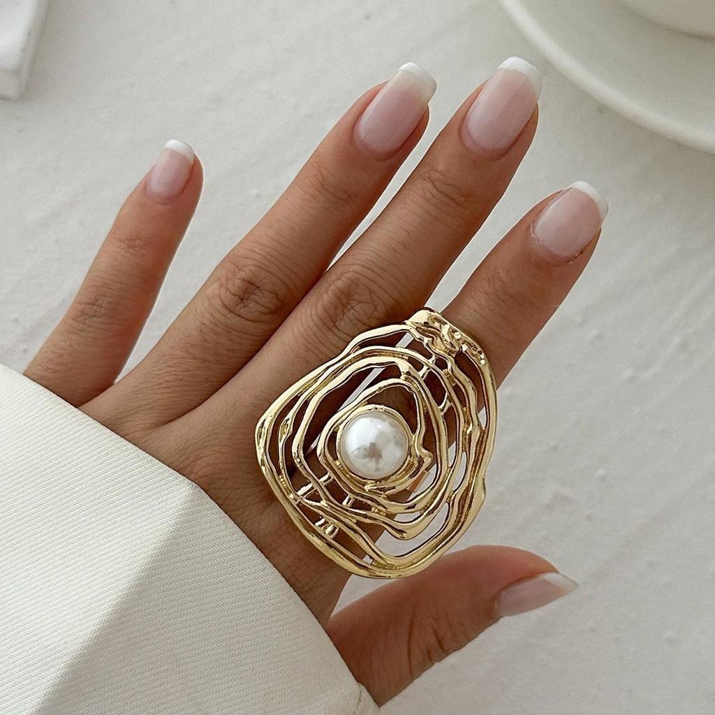 European & American Metal Texture Ring Set: Smooth, Exaggerated Geometric Open Rings for Women