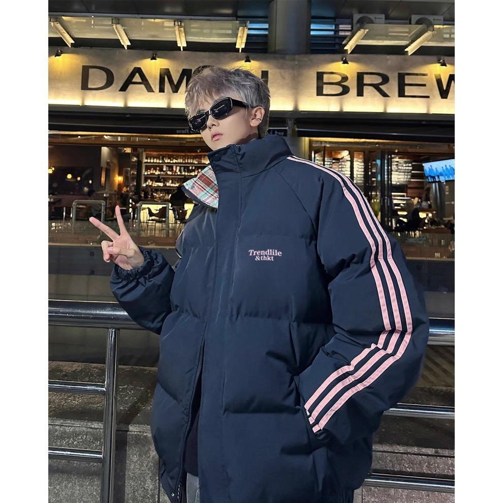 Unisex Color Block Plaid Cotton Jacket with Three Stripes Stand Collar - Winter Padded Thick Coat Extra Large