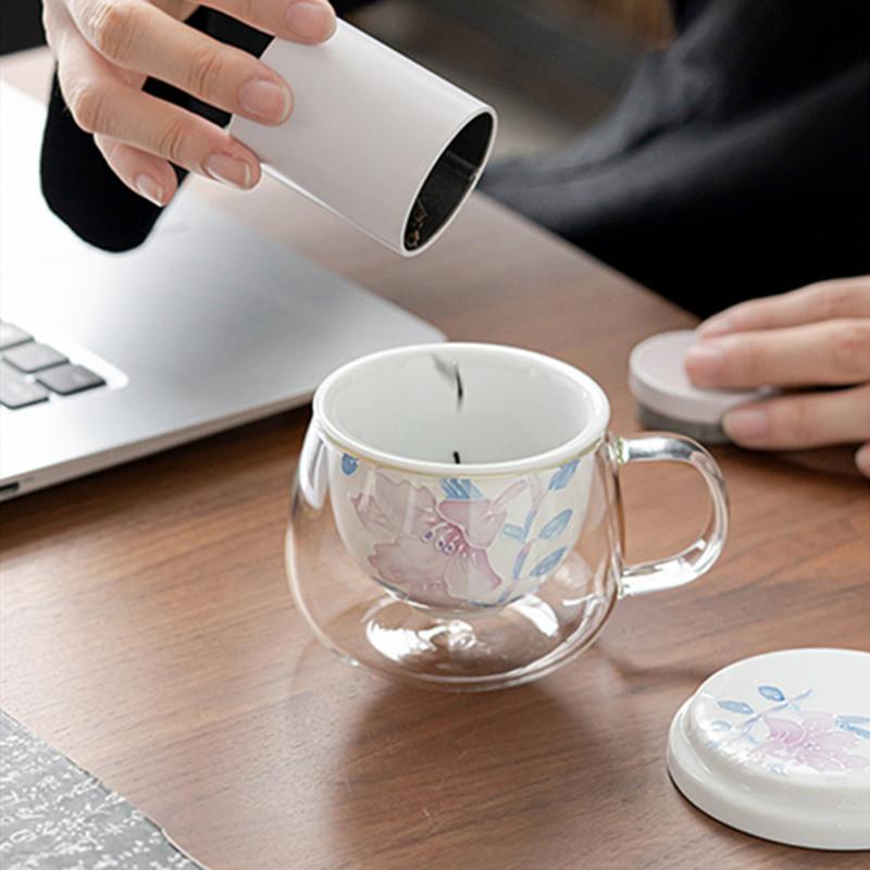 260ml Chinesische Glas-Teetasse Keramik-Siebbecher Handbemalte Blumen Teetasse Haushalt Tee-Wasser-Trennungstasse Tragbares Teegeschirr