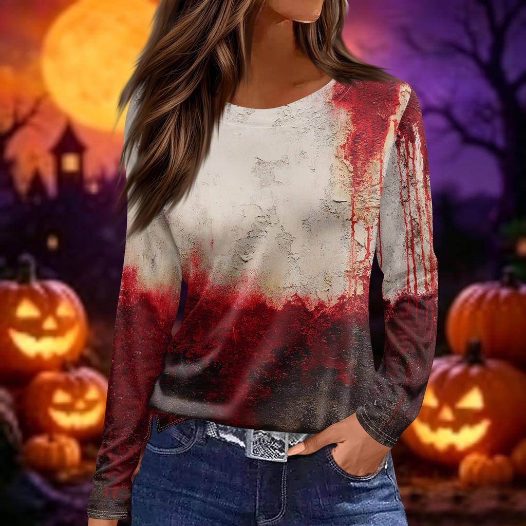 Women's Long Sleeve Casual Pullover Top Halloween Pumpkin Print Crew Neck Split Hem Blouse Lightweight Comfortable Fit