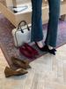 2025 new autumn new pointed suede bow retro high heels women's fashion wedge heel commuter shoes