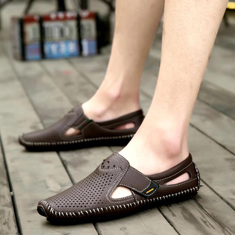 Fashion Summer Men Casual Leather Shoes Soft Bottom Designer Hollow Out Loafers Italian Outdoor Designer Breathable Slip on Boat Flats