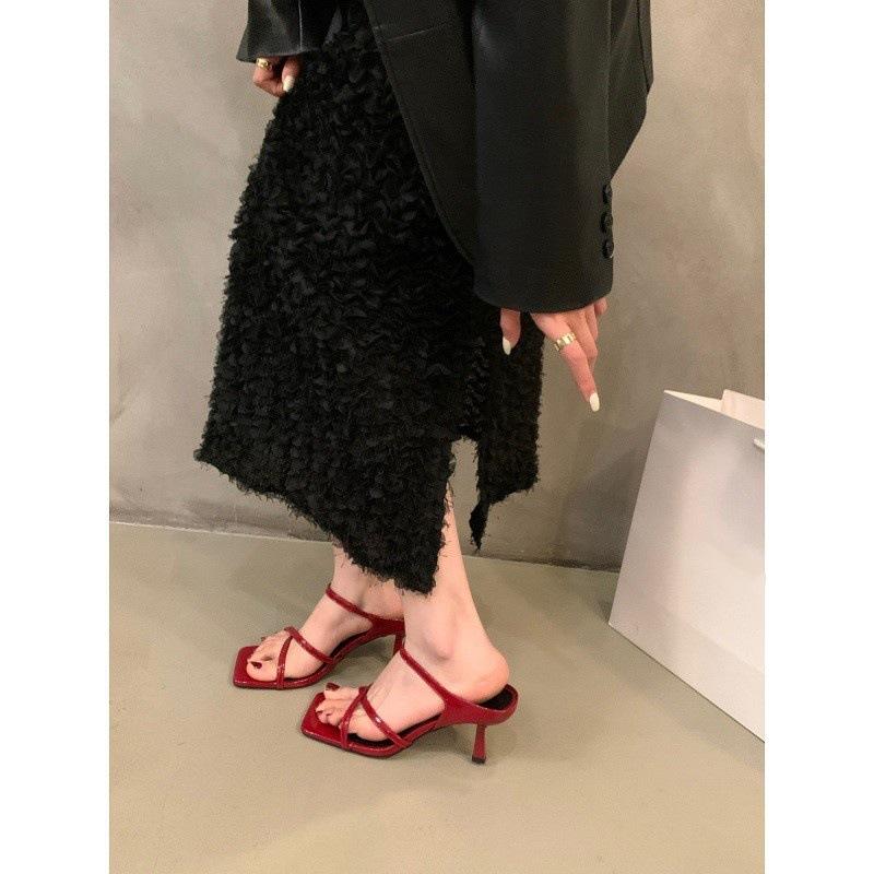 French temperament thin heel cool slippers fairy shoes 2025 new summer fashion black high heel sandals