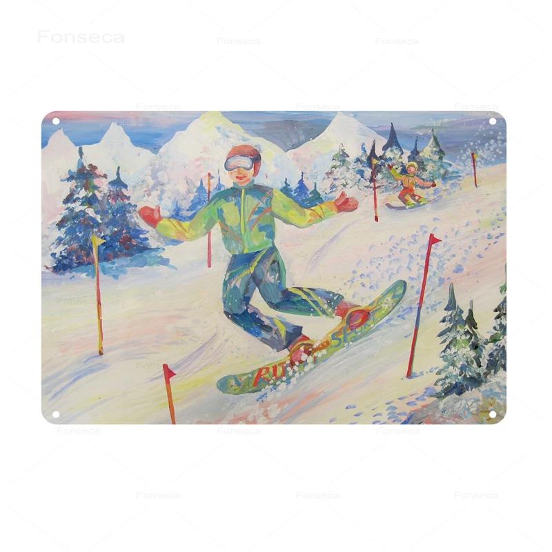 Retro Ski Resort Metal Sign St Anton Kitzbuhel Avoriaz Winter Landscape Home Bar Club Hotel Wall Decor Tin Plaque XCm