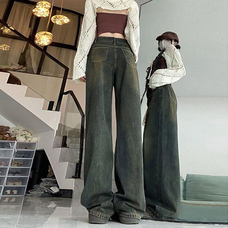 Cement Gray Wide-leg Jeans Women's Spring and Autumn New High-waisted Loose Niche Design Thin Versatile Straight-leg Pants