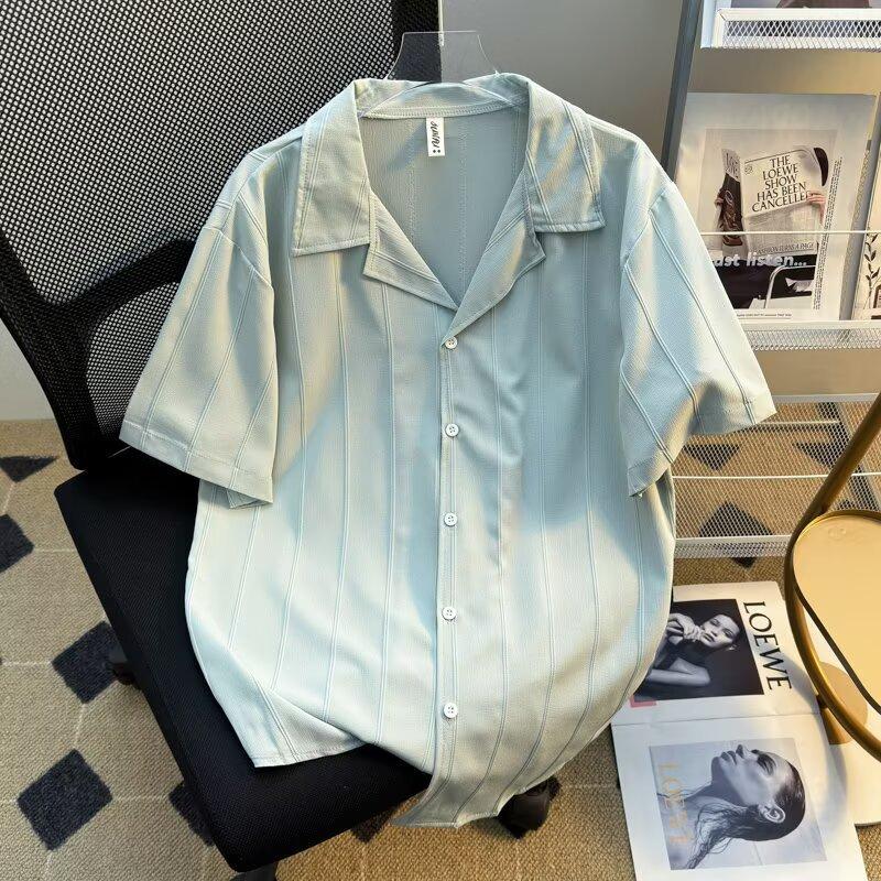 Summer Fashion Turn Down Collar Loose Casual Single Breasted Shirt Male Short Sleeve Solid Cardigan Top Men