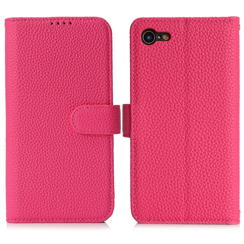 For iPhone SE (2022)/(2020)/8/7 Stand Case Litchi Texture Genuine Cow Leather Wallet Phone Cover RFID Blocking