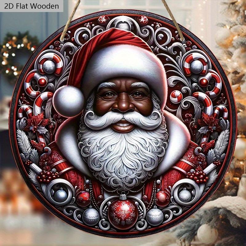 Black Santa Claus Wooden Sign - Navidad Round Sign for Yard Door Wall Hanging Decor - Ideal Christmas Decoration