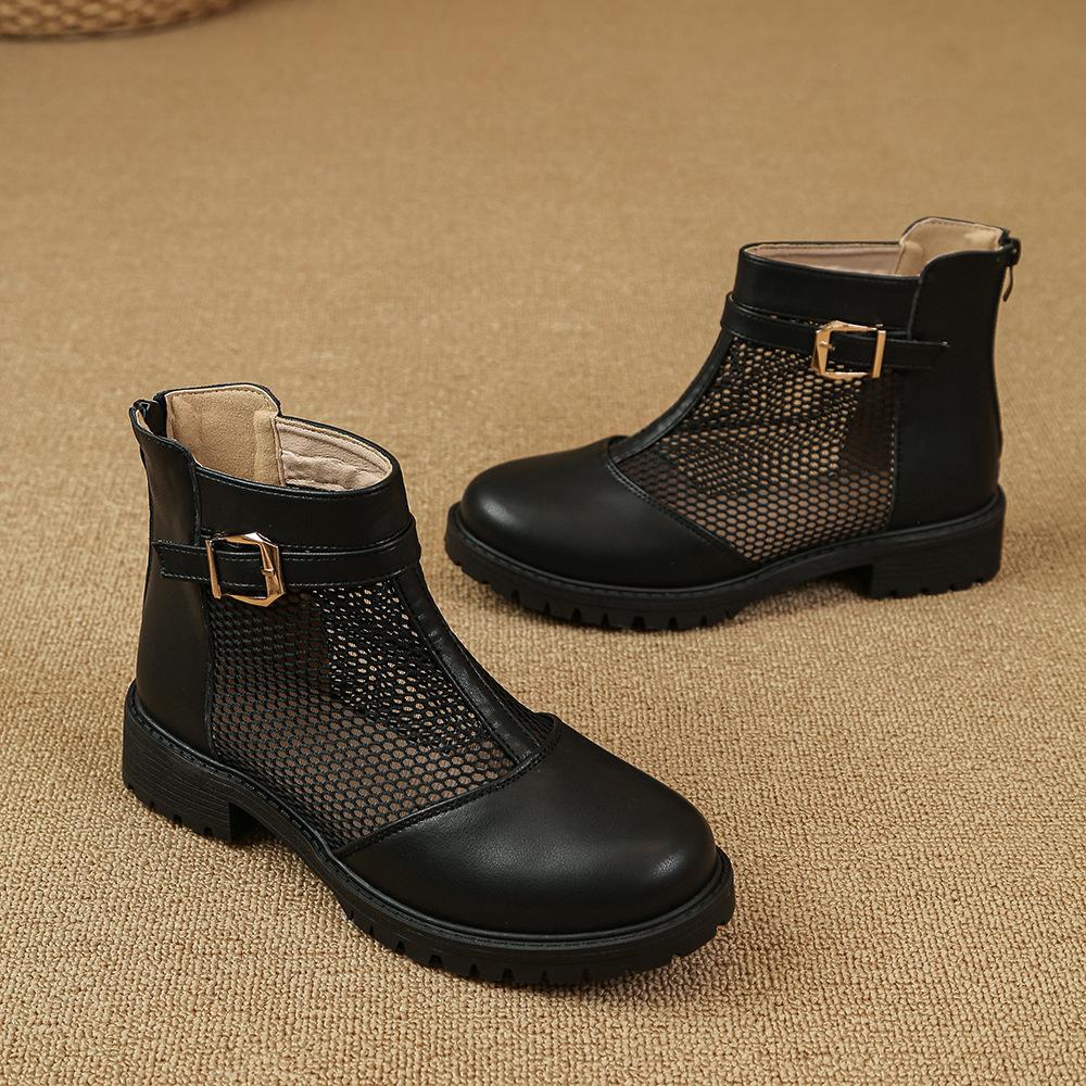 Spring and summer new women's shoes soft leather thick heel mesh hollowed out breathable cool boots hole leather boots fashionable versatile boots