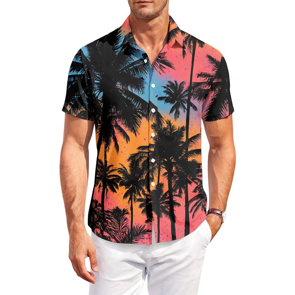 Mens Hawaiian Shirt Button Down Shirt Men Short Sleeve Button Down Men Beach Shirts for Men with Tree Print