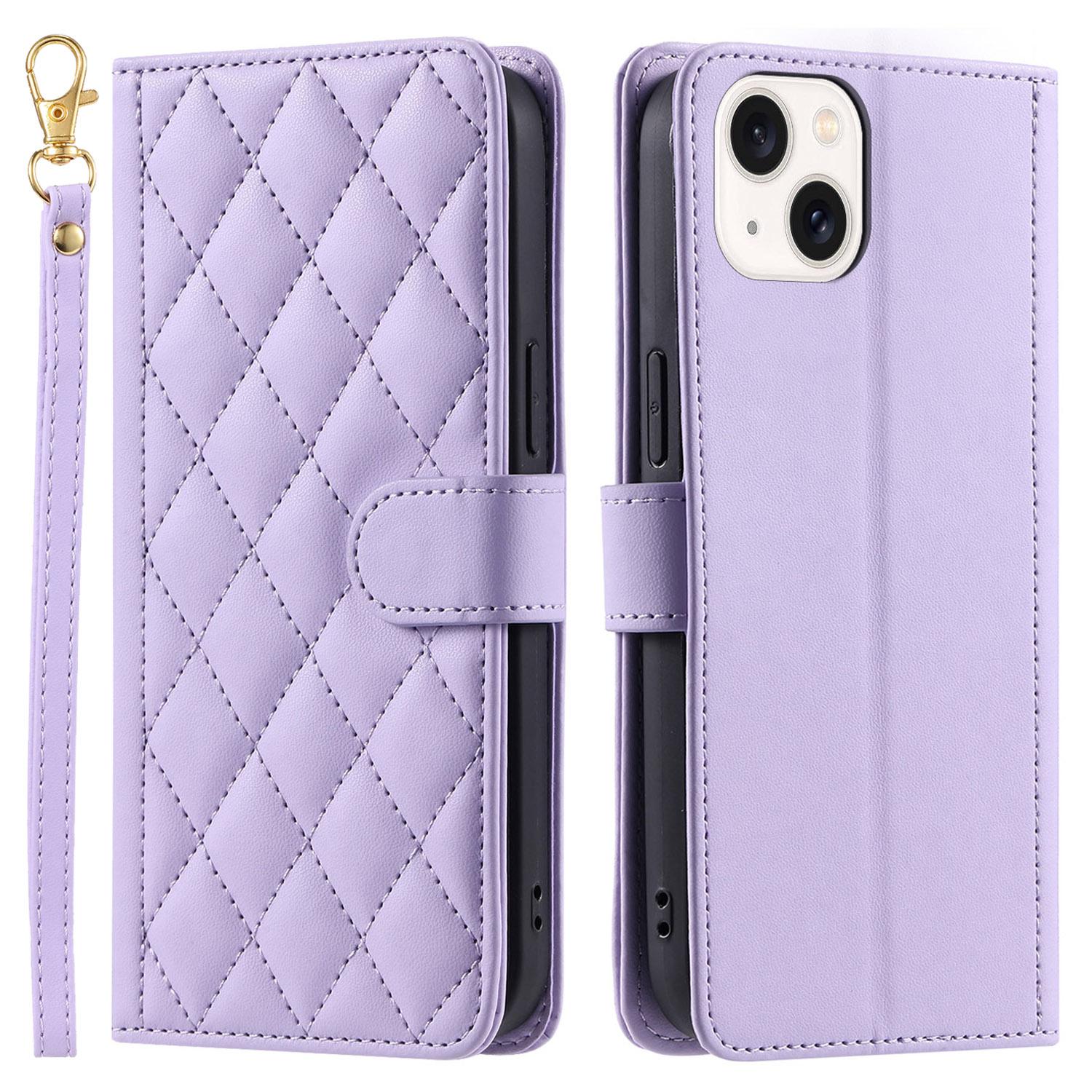 

For iPhone 15 Plus Wallet Case PU Leather Cover Stitching Rhombus Grid E