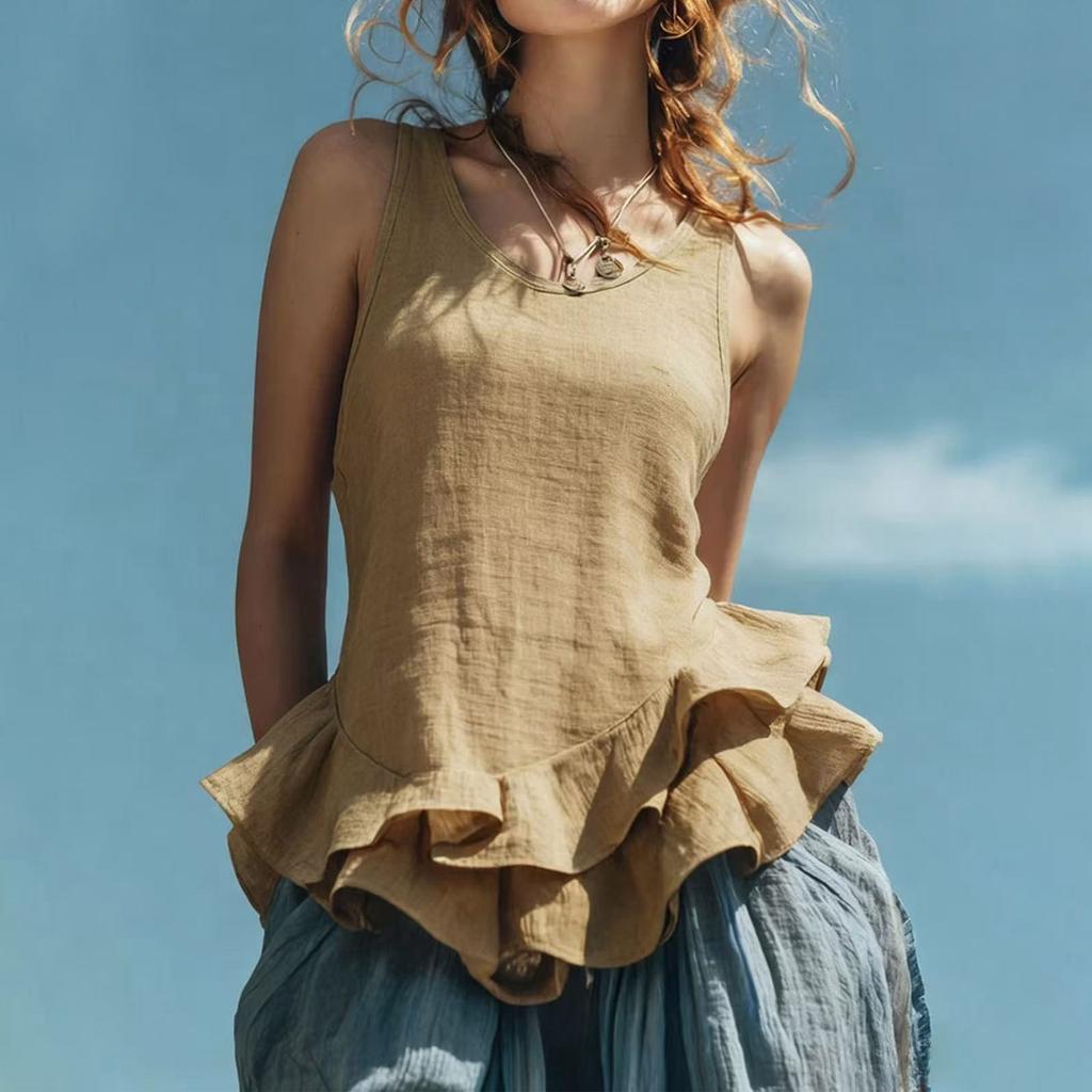 Women Sleeveless Casual Peplum Hem Top Round Neck Relaxed Fit Ruffle Bottom Blouse Lightweight Tank Shirt for Daily Wear