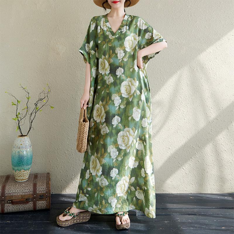 DIMANAF Plus Size 2025 Summer Dress V-Neck Women Casual Vintage Flower Dress Basic Printing Long Loose Dress Maxi