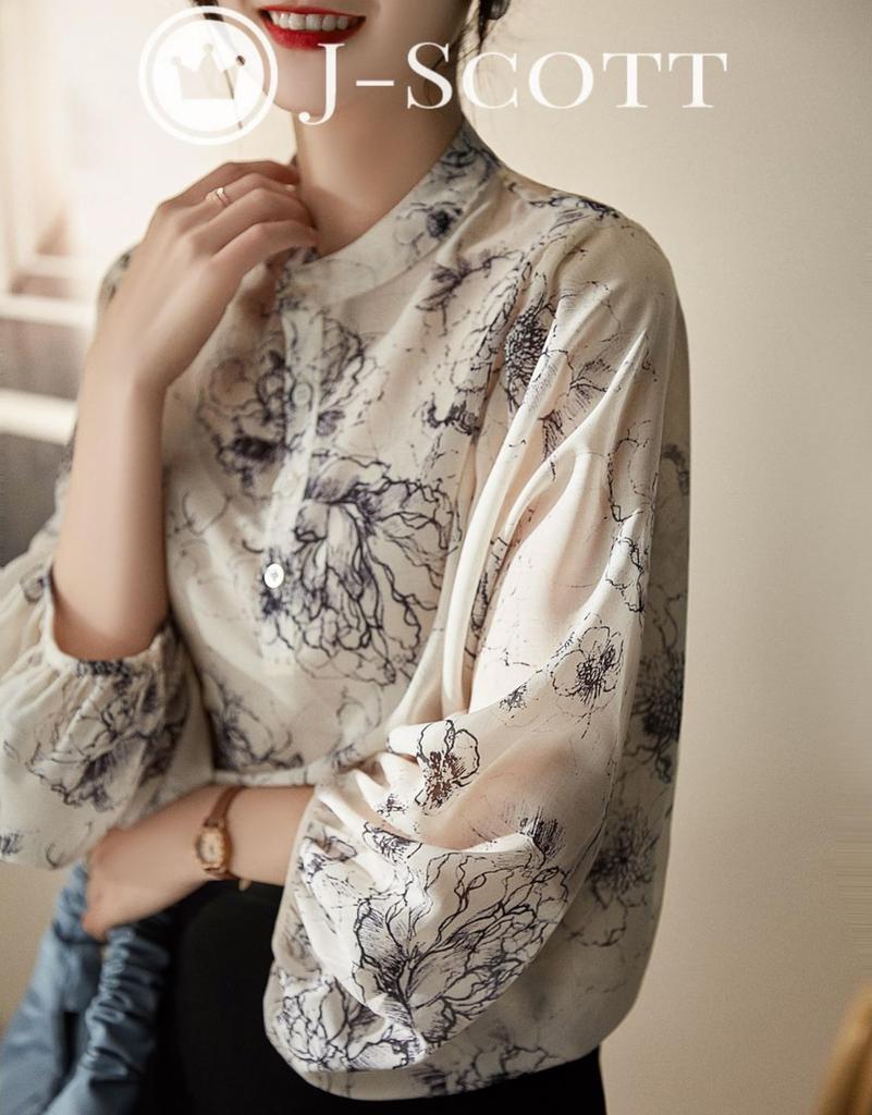 J-Scott Painting-Style Flower Print Blouse, Collarless, Puff Sleeves, Sheer, Lightweight, Refreshing, Ivory, JS46-IV-L