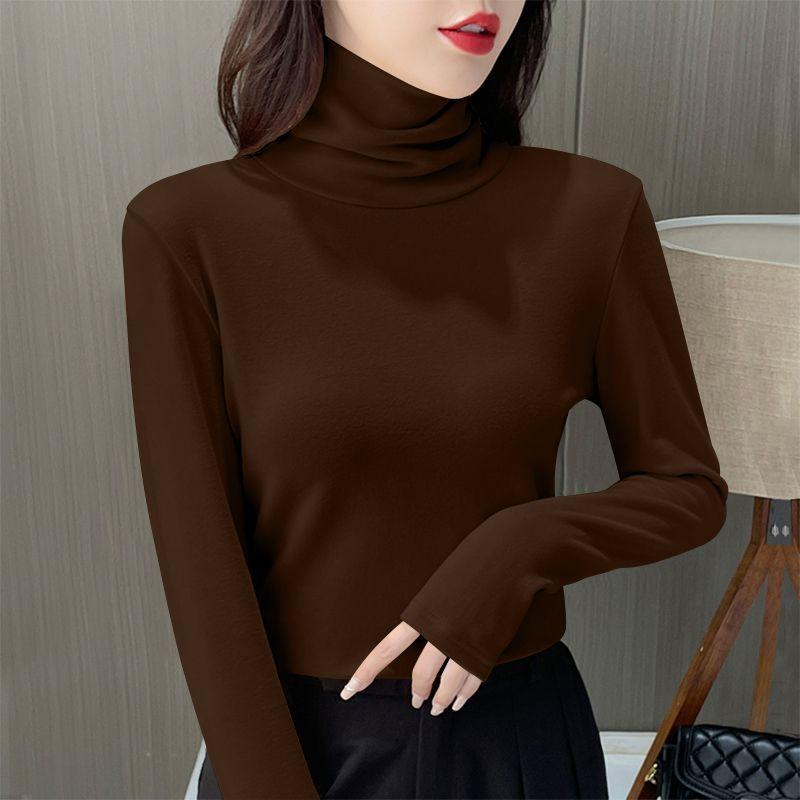 Women Thermal Underwear Winter Thicken Turtleneck Bottom Shirt De Velvet Warm Tops Semi High Collar Neck Long Sleeve Pullovers