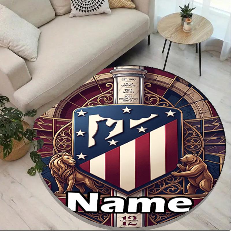 Tapis rond personnalisé avec nom imprimé Atletico Madrid, Tapis polyvalent pour la décoration de la maison, pour salle de jeux, appartement, balcon, entrée, couloir Cadeau