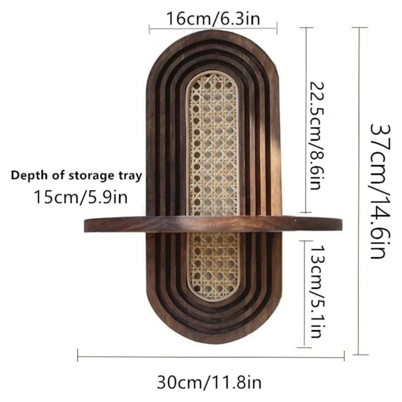 Modern Rattan Floating Shelf With Wooden Arched Design For Wall Decors Indoor Plant Photos Display Stand Home Decoration