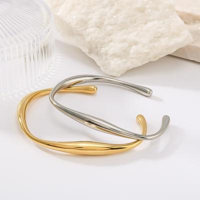 Stainless Steel Wrist Opening Bracelet Bangle For Women Gold Color Handmade Cast Wave Shaped Design Statement Party Jewelry Gift