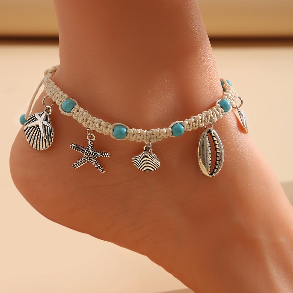 Böhmische Muschel Seestern Sommer Strand Fußkettchen für Frauen Schildkröte Fußkettchen am Bein Mädchen Barfuß Handarbeit Kette Schmuck