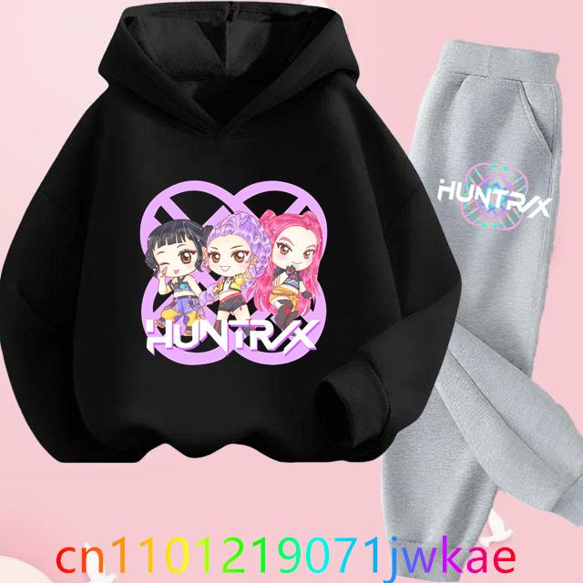 Teen KPop Demon Hunters Hoodies+Pants Sets Boys Girls Korean Anime Movie Hoody Fashion Long Sleeve Kids Hooded Sports Suits