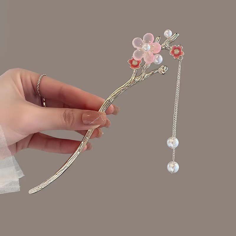 Vintage Chinese Style Pink Flower Hair Sticks For Women Elegant Crystal Tassel Hairpins Hair Buns Hanfu Headwear  Hair Ornaments