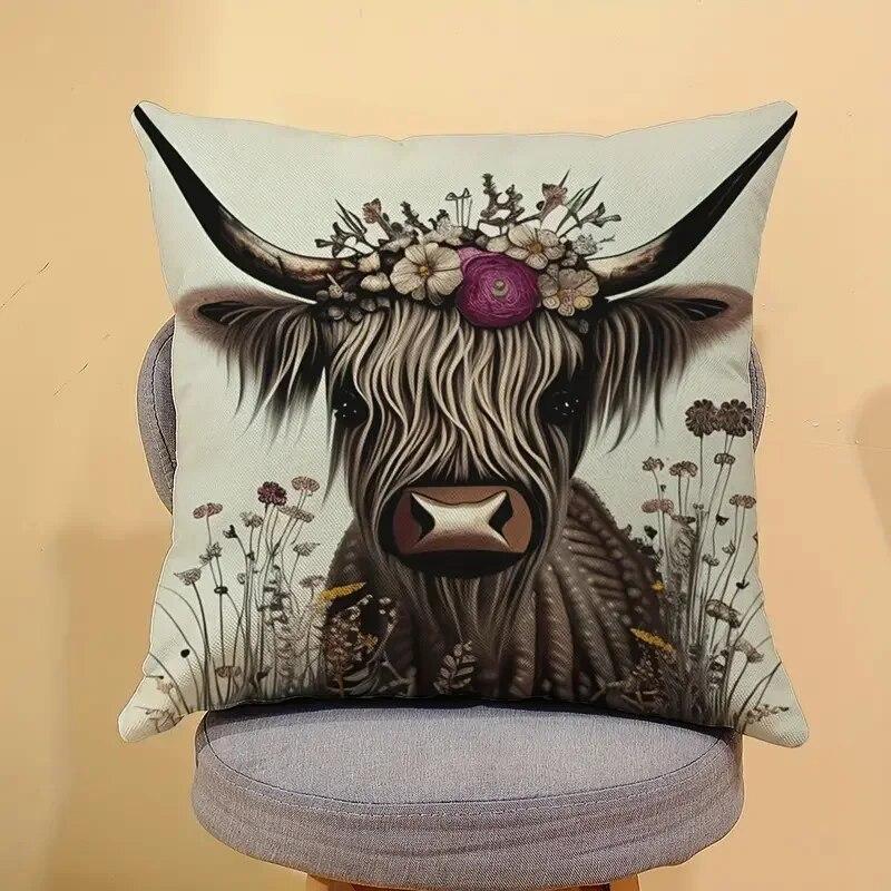 1Pc Long Haired Cow Linen Printed Pillowcase Suitable Soft Square Cushion Cover Without Pillow Core 45X45Cm Two Sides