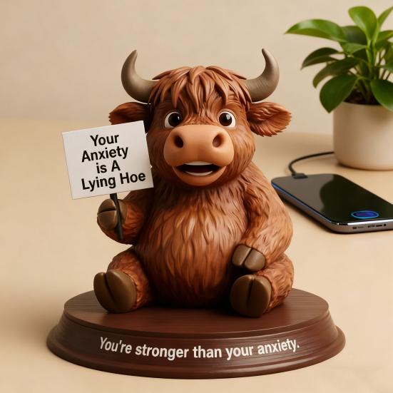 Highland Cow Figurine Emotional Support Highland Cow Statue Resin Cow Ornament with Funny Quotes Straight-Talking Companion for Desk Bookshelf Decor