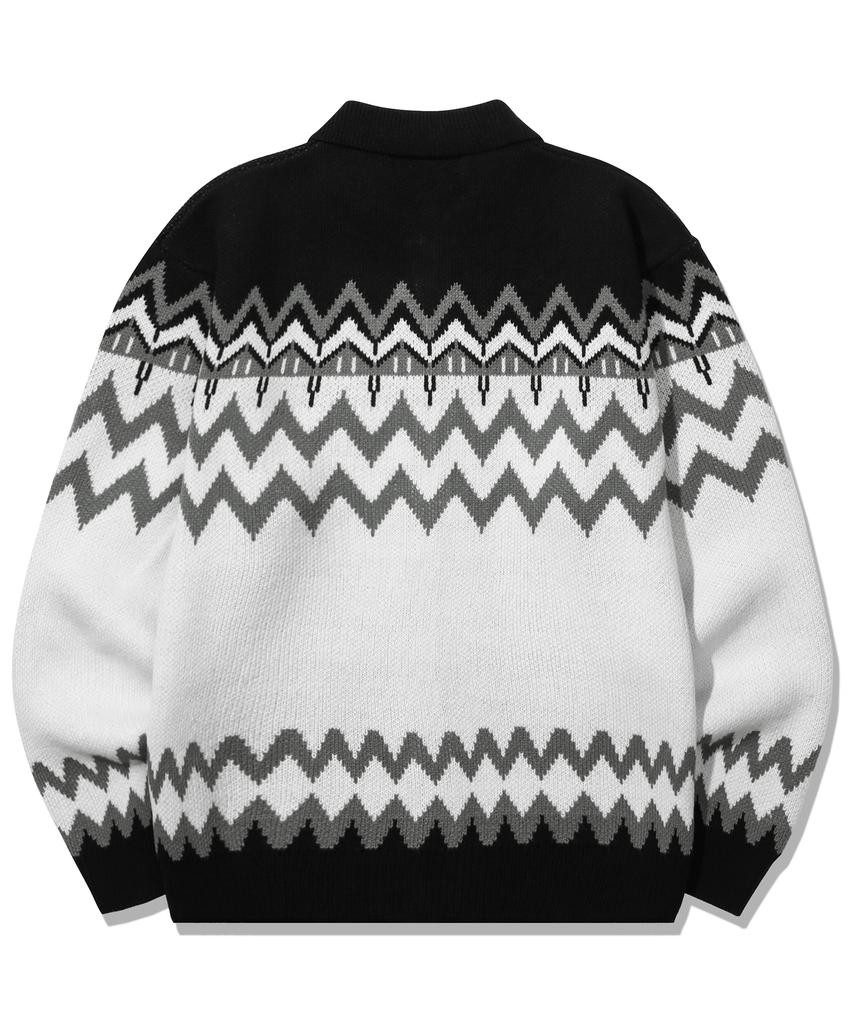 TRILLION Washable Nordic Jacquard Collar Neck 2-Way Zip-Up Knit [Black]