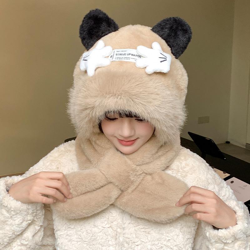 Women's Cozy Fox Ear Plush Hat with Integrated Scarf - Warm, Soft Lei Feng Design for Autumn and Winter. Perfect Ear Protection for Students.