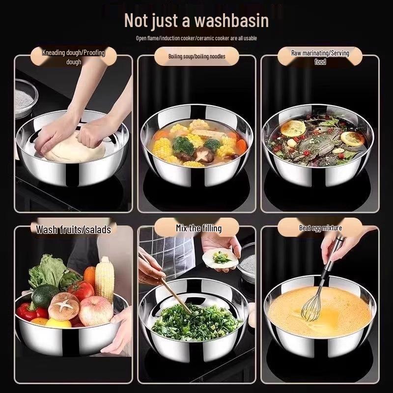 Extra Thick Stainless Steel Basin for Dough, Vegetables, Soup, and Hot Pot