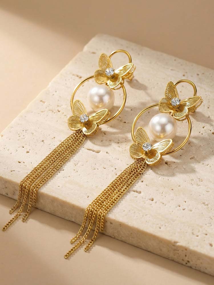 Exaggerated Vintage Gold Color Butterfly Tassel Earrings, 18K Gold Plated Stainless Steel Dangle Drop Earrings Women's Jewelry