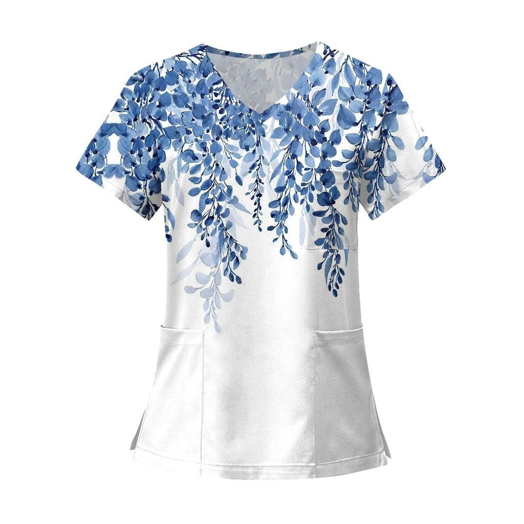 Kvinners mote trykt kortermet V-hals mønster Topper Pocket Working T-skjorter