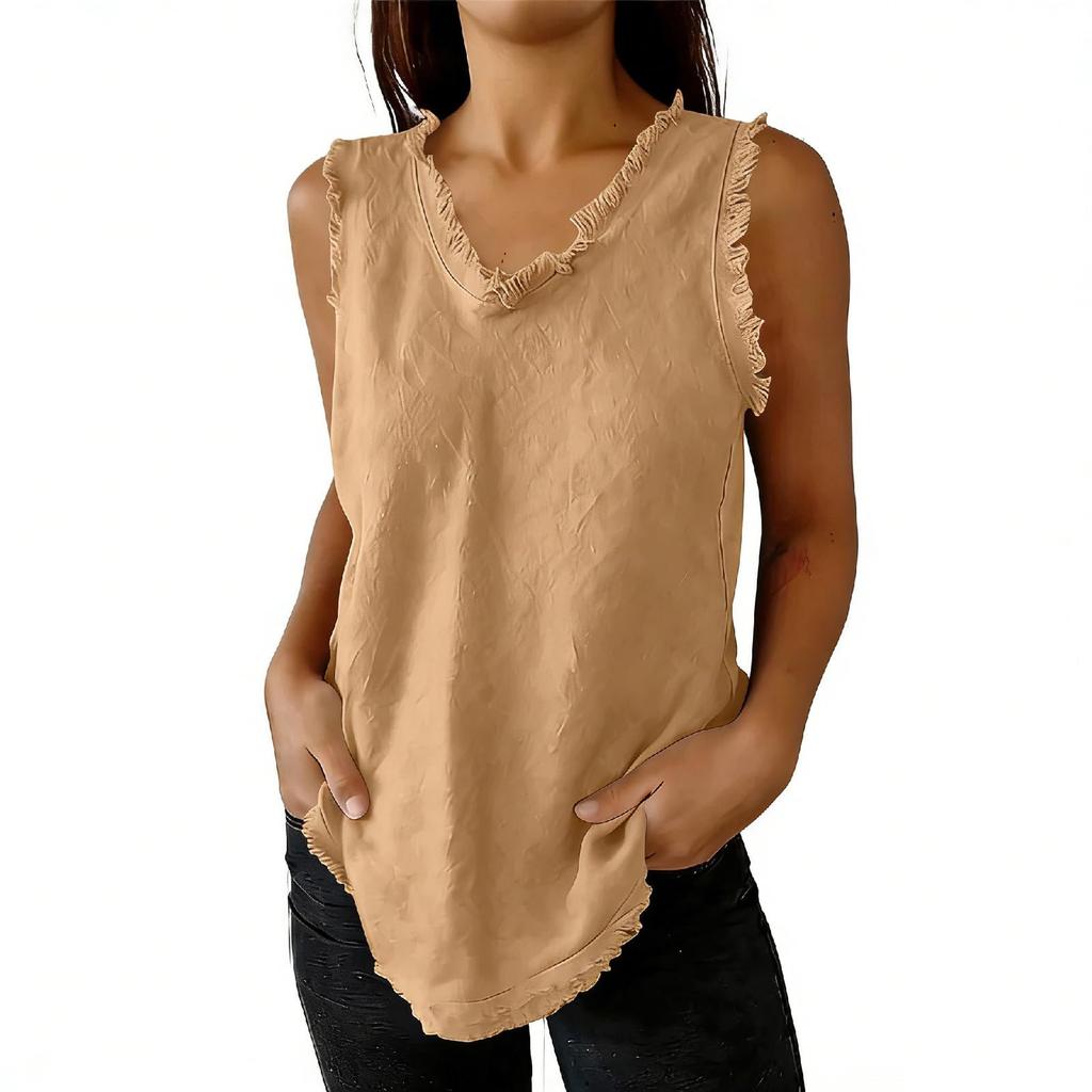Women's Fashionable Color Round Neck Sleeveless Fringe Patchwork Casual Loose Cotton And Linen Top